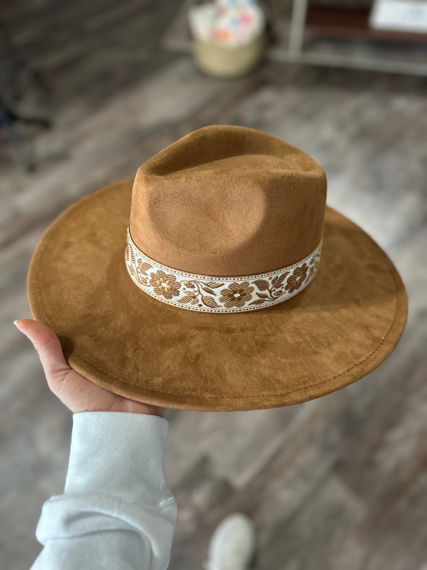 Flower Ribbon Fedora Hat - Brown