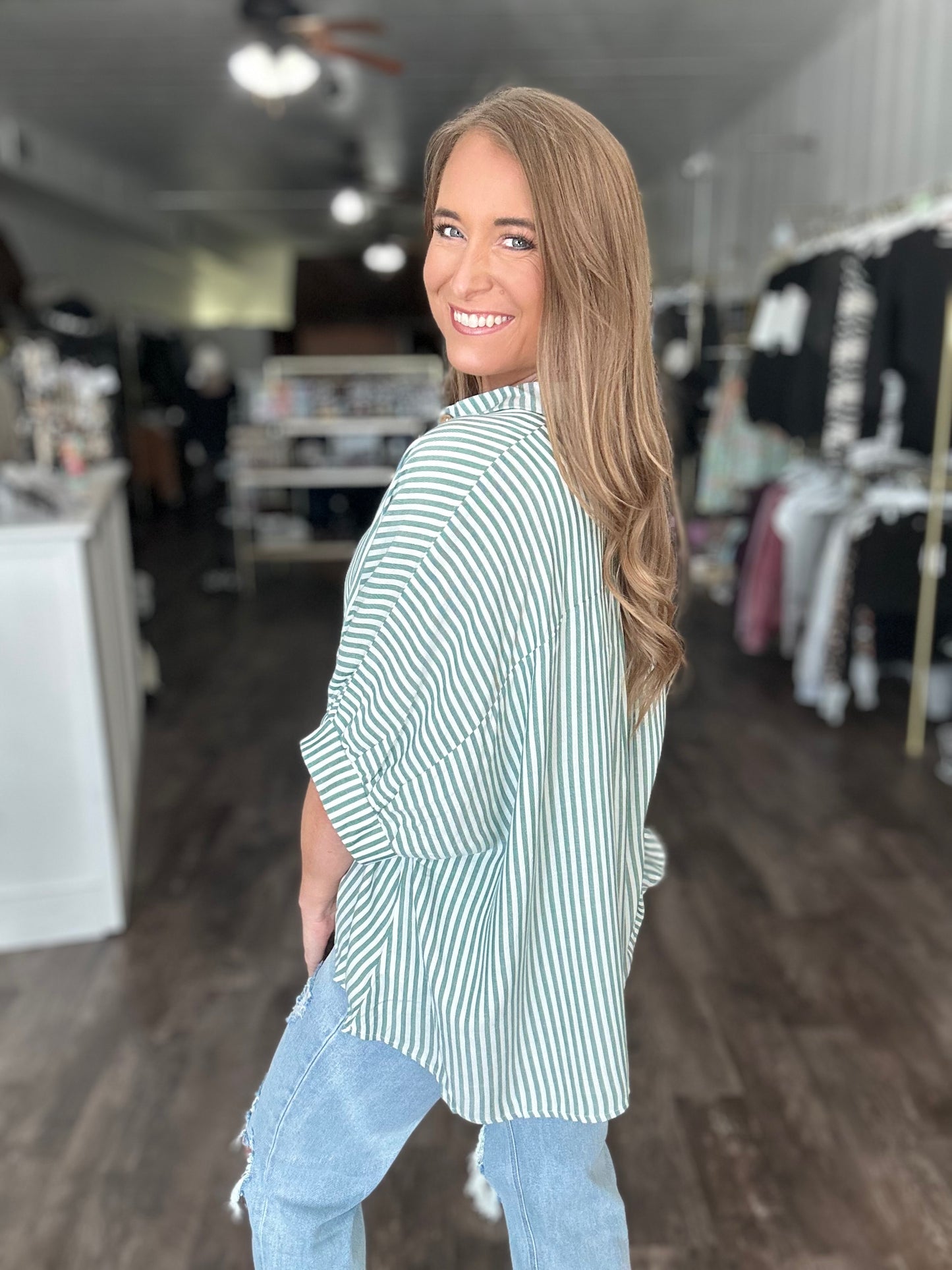 Just Friends Oversized Striped Button Down - Light Hunter Green