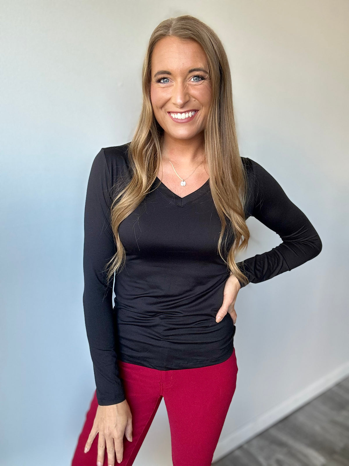 Cali Buttery Soft V-Neck Top (Black)