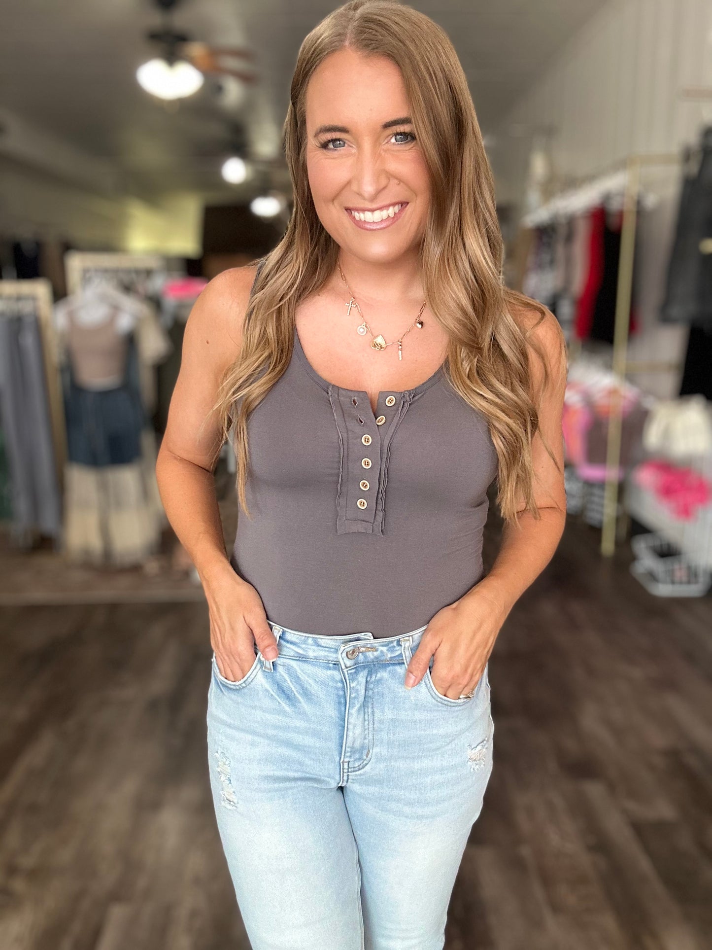 Slow It Down Button Down Bodysuit - Charcoal