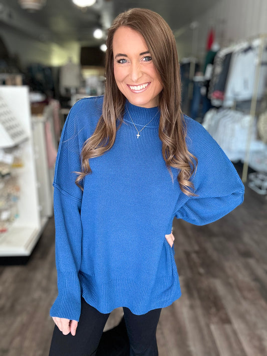 Daydreamer Oversized Mock Neck Sweater - Ocean Blue