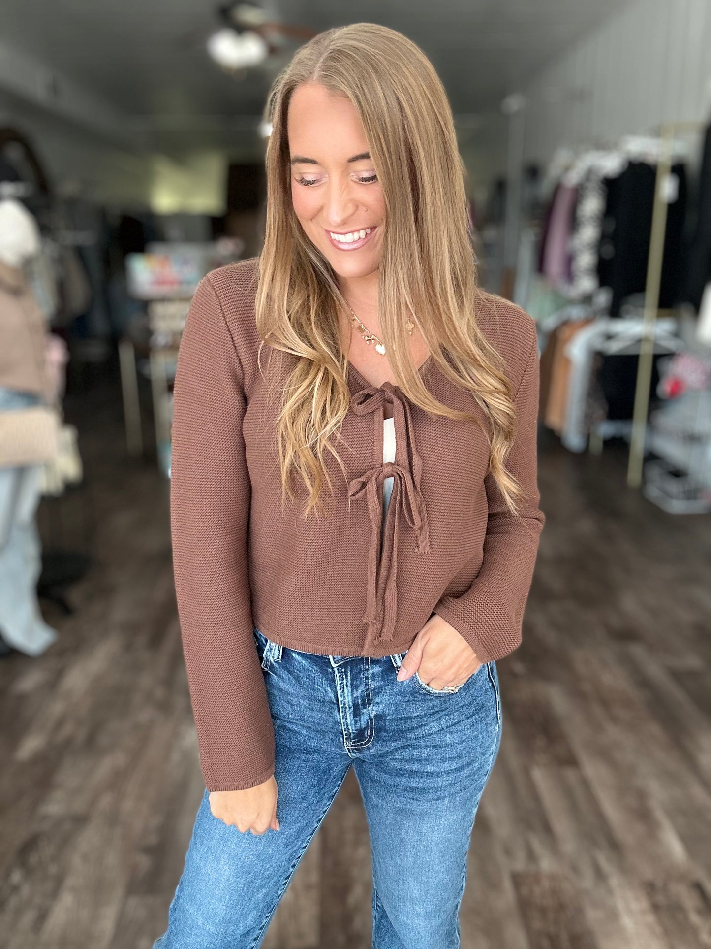 RESTOCK Cool Breeze Tie Front Sweater - Brown