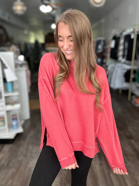 Doing It All Cozy Pullover - Muted Ruby