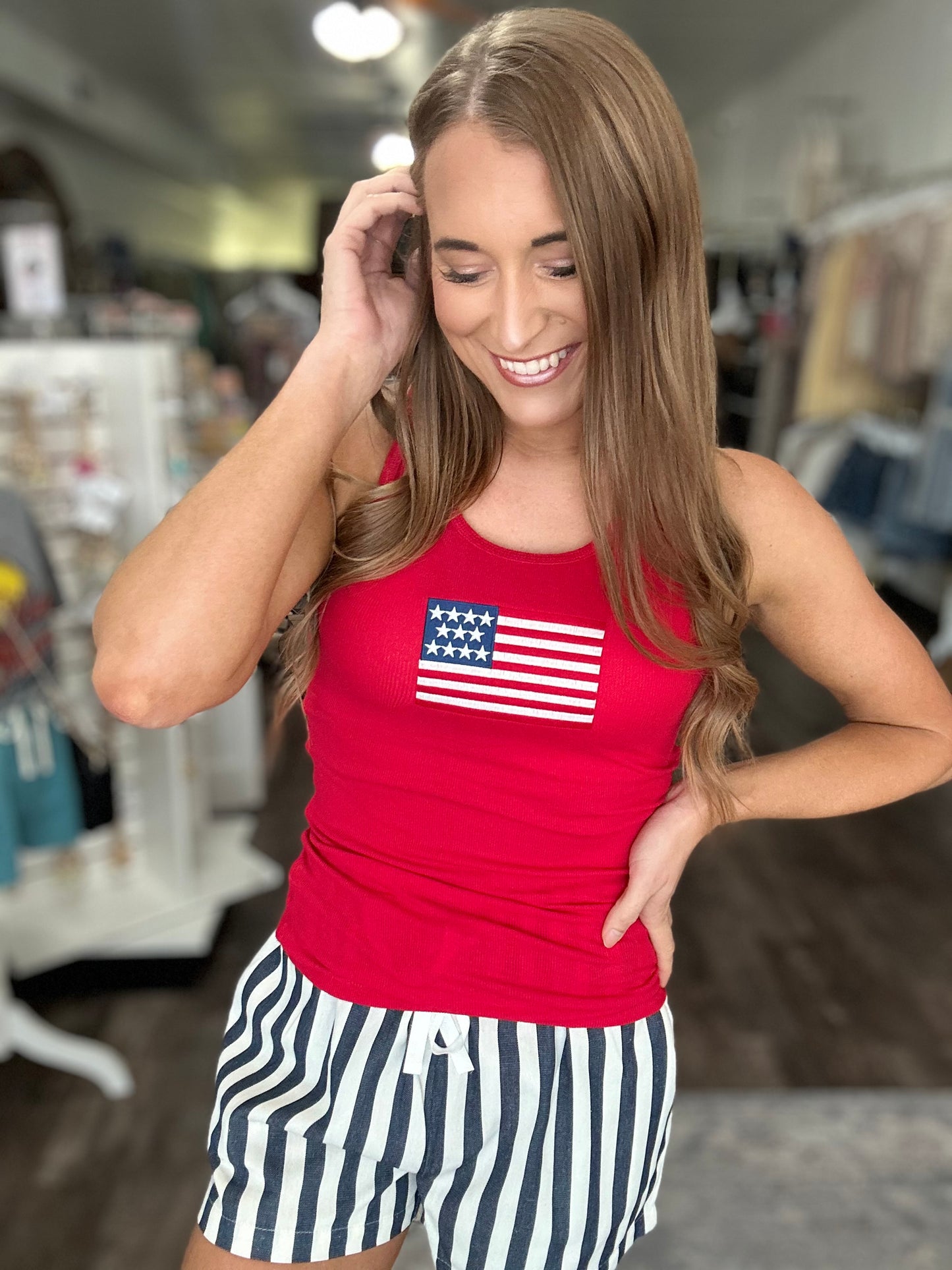 All American Girl Embroidered Flag Tank (Red)