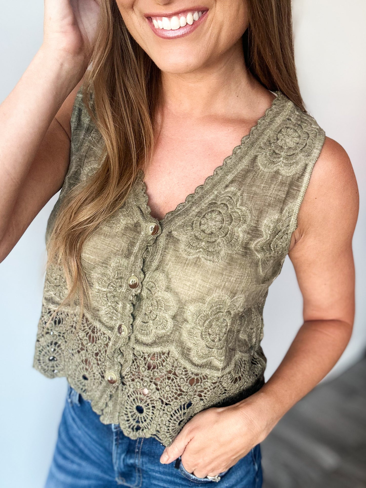 Summer Feelings Crochet Lace Vest (Olive)