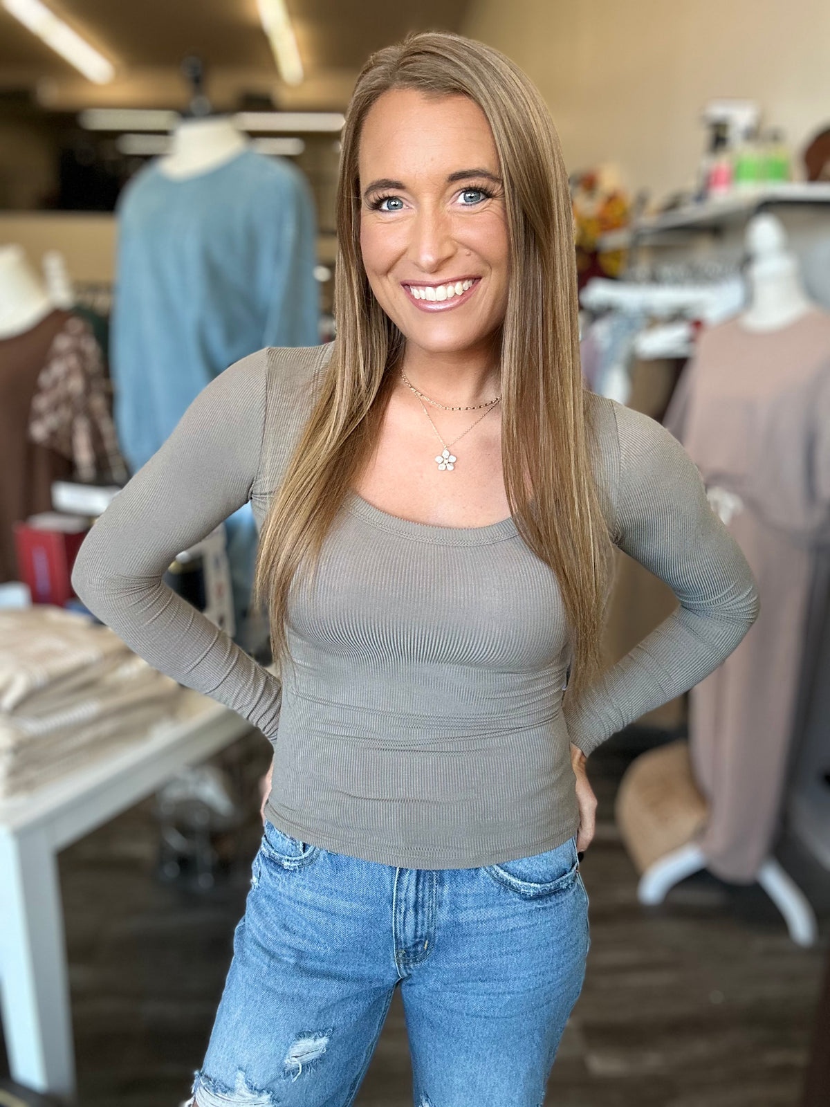 Julia Fitted Ribbed Top (Olive Grey)