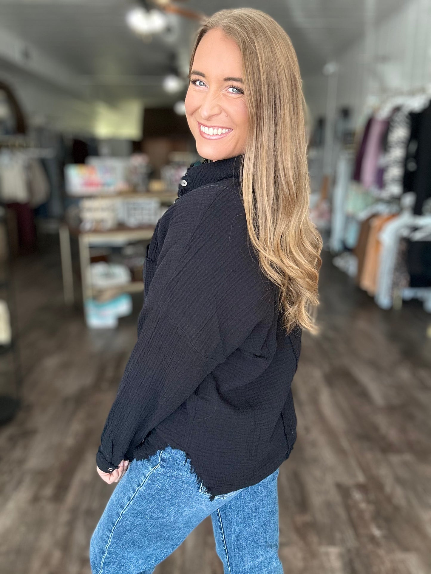 Out of Range Gauze Knit Button Down - Black