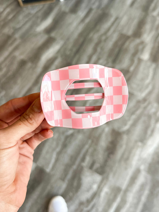 Pink Checkered Flat Claw Clip