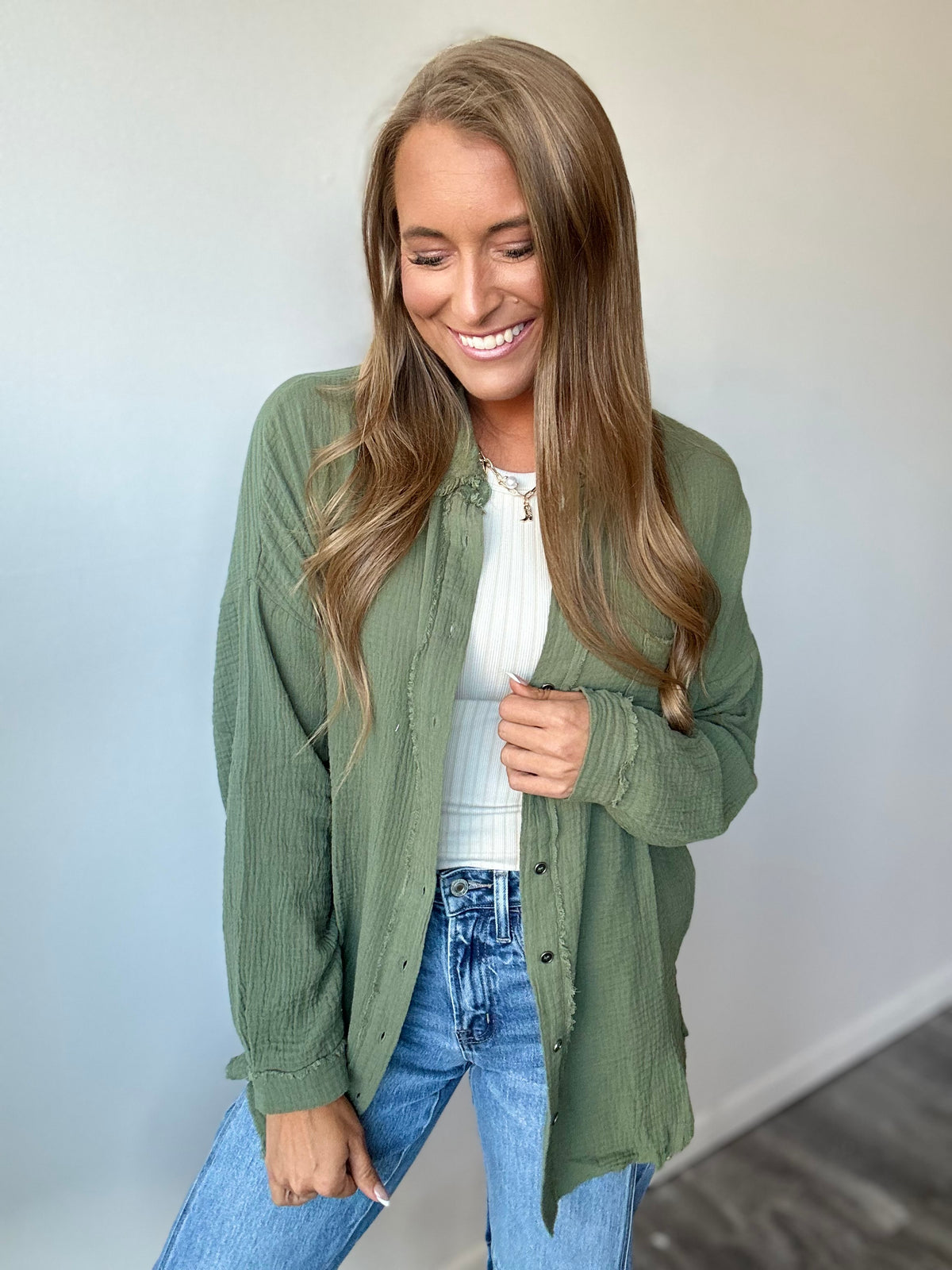 Out of Range Gauze Knit Button Down - Olive