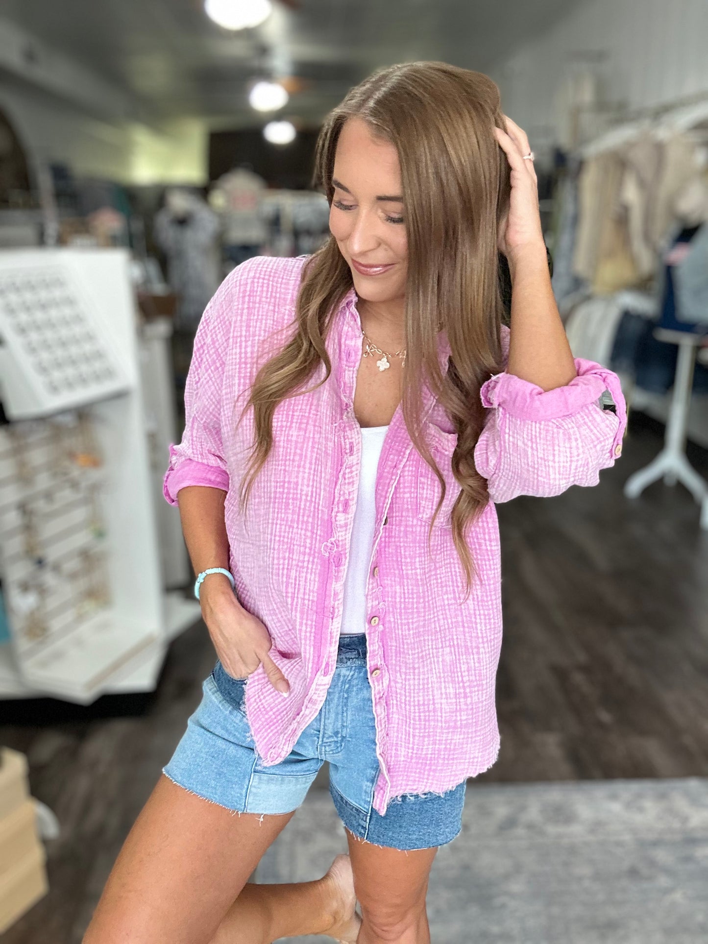 Out of Range Gauze Knit Button Down - Washed Pink
