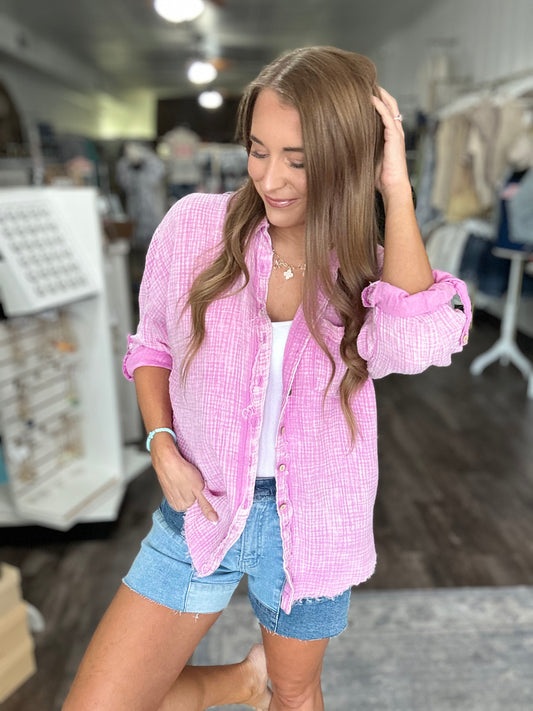 Out of Range Gauze Knit Button Down - Washed Pink