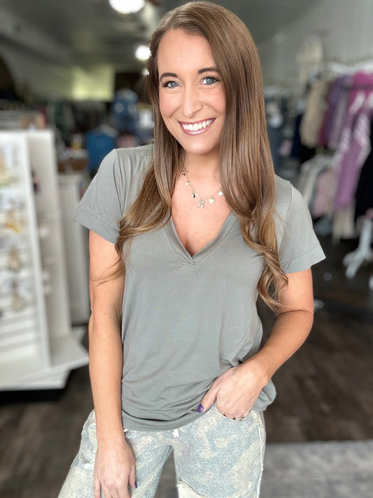 Little Bit of Luck Relaxed V-Neck (Olive)