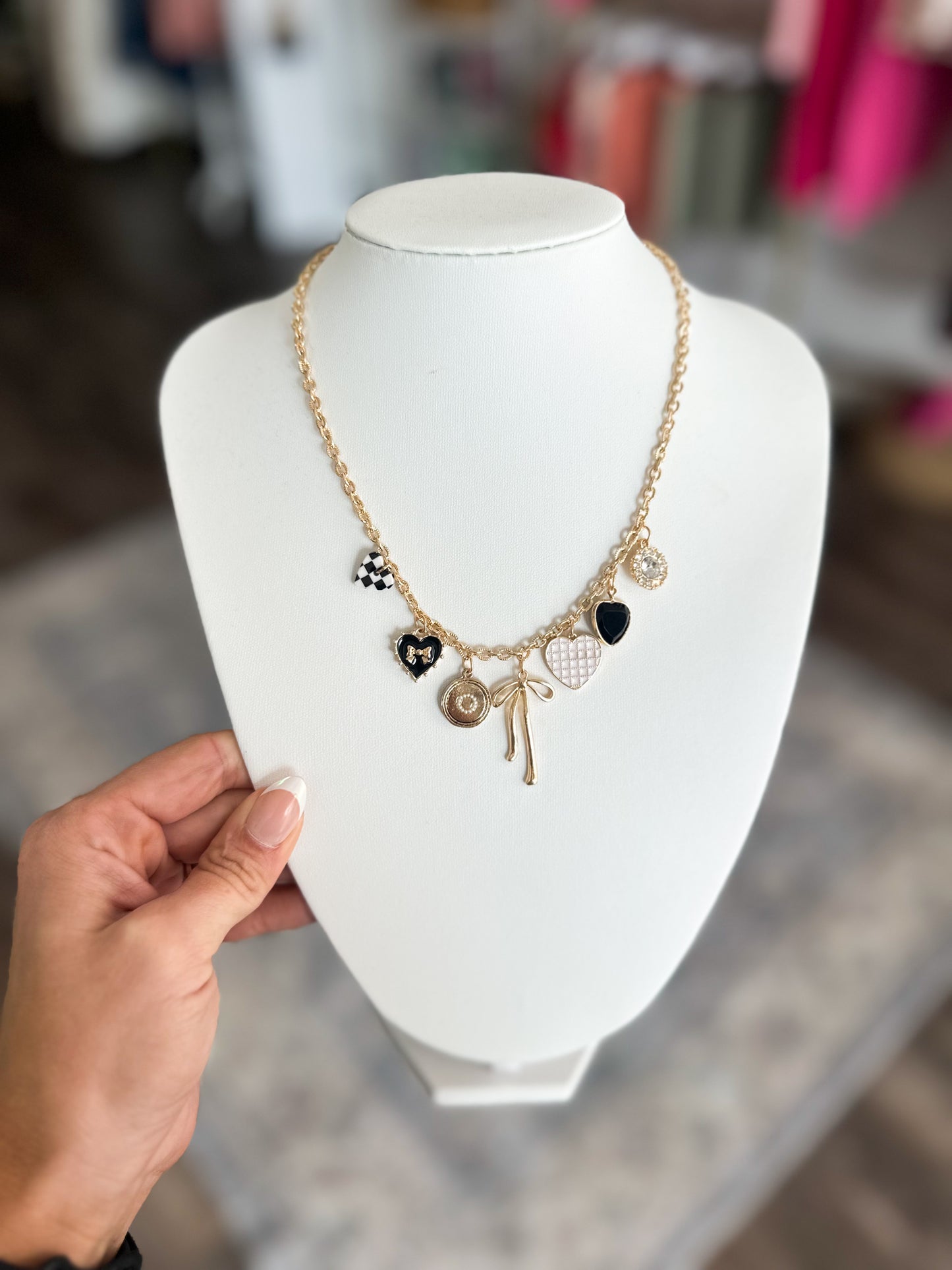 Checkered Heart Charm Necklace (Gold)