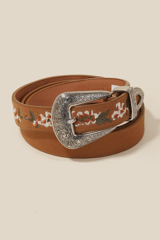 Flower Embroidered Etch Buckle Belt - Brown