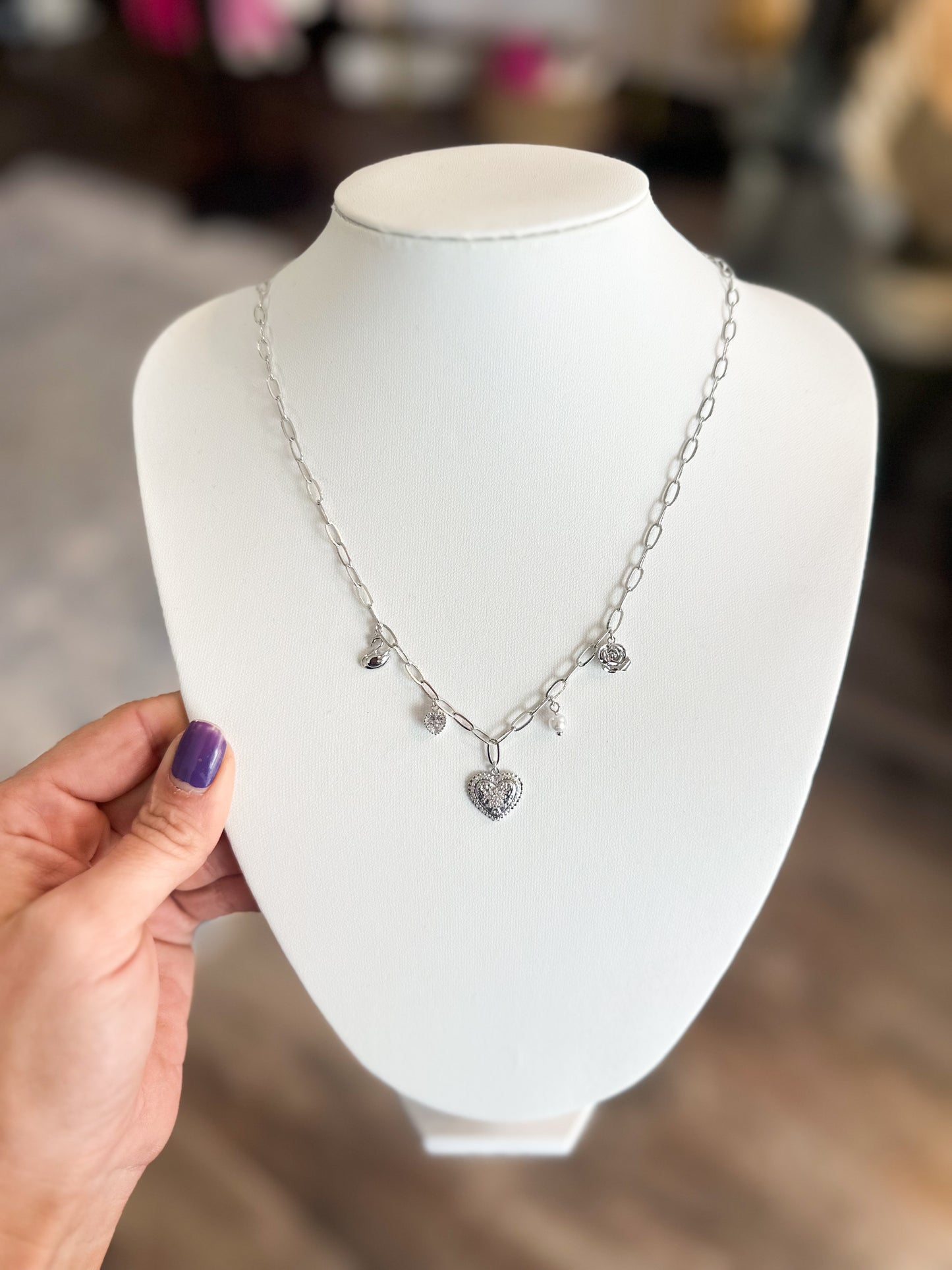 Heart & Pearl Charm Necklace (Silver)