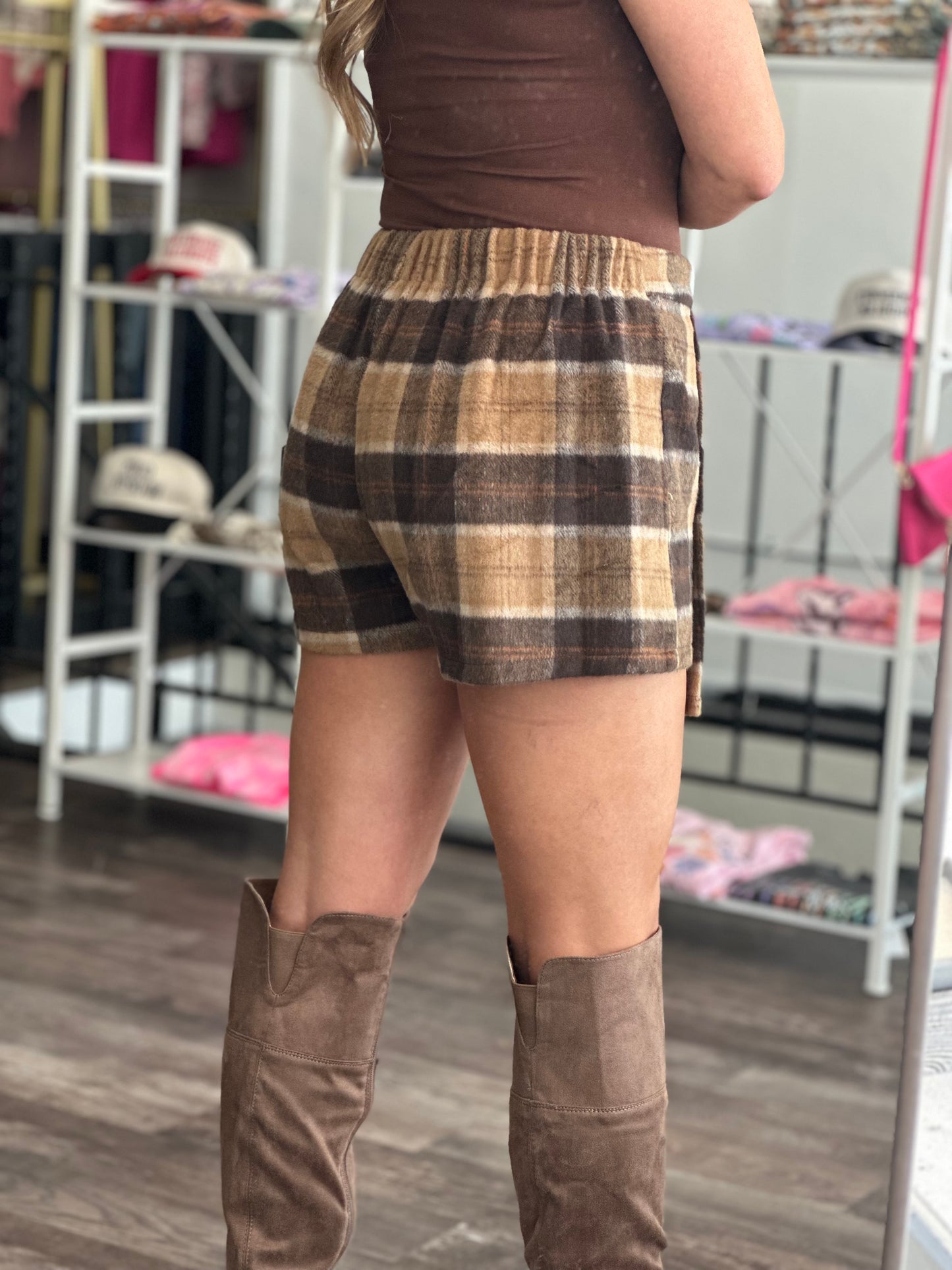 RESTOCK Chasing You Front Wrap Plaid Skort - Dark Brown/Taupe