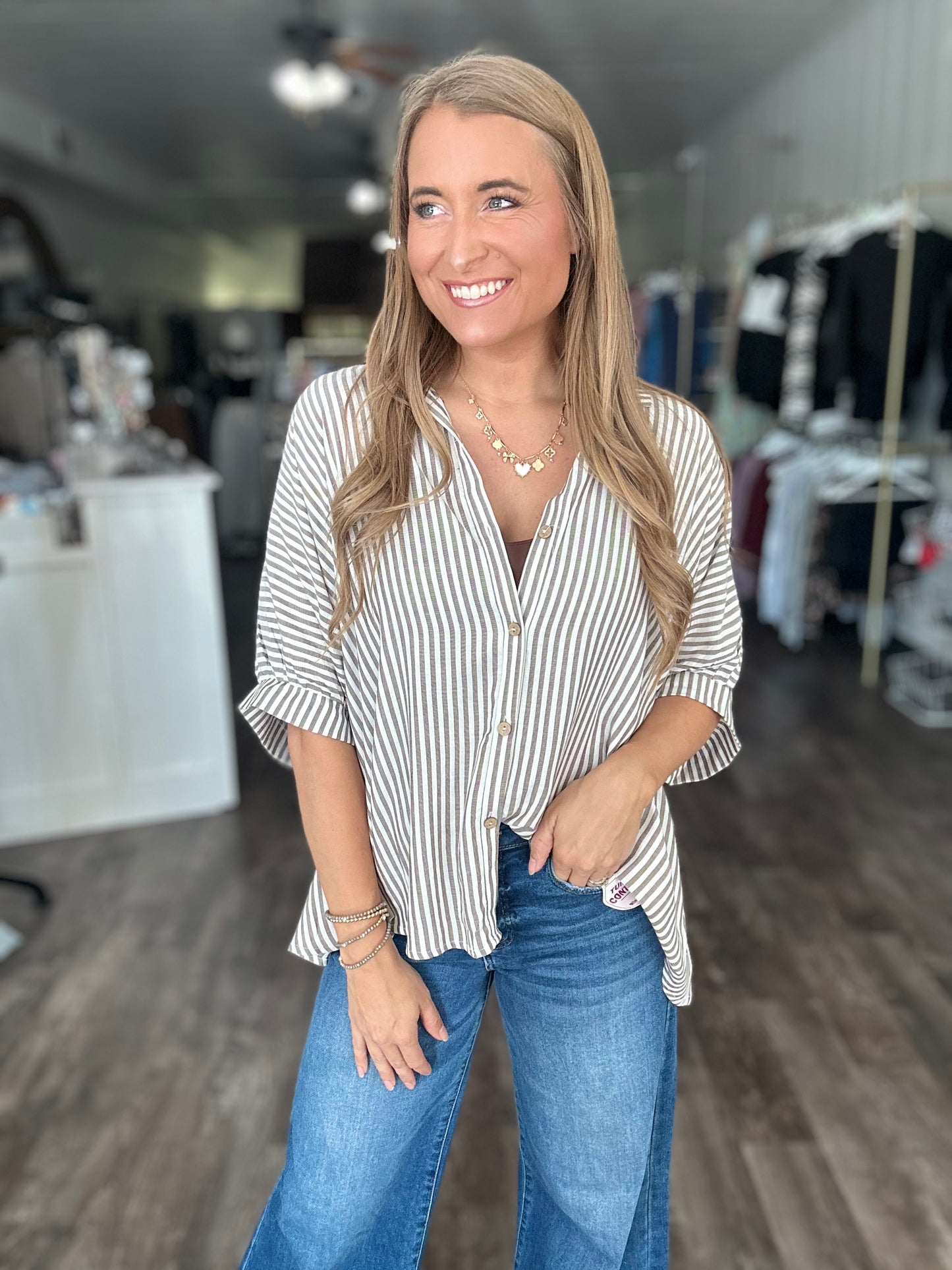 RESTOCK Just Friends Oversized Striped Button Down - Mocha