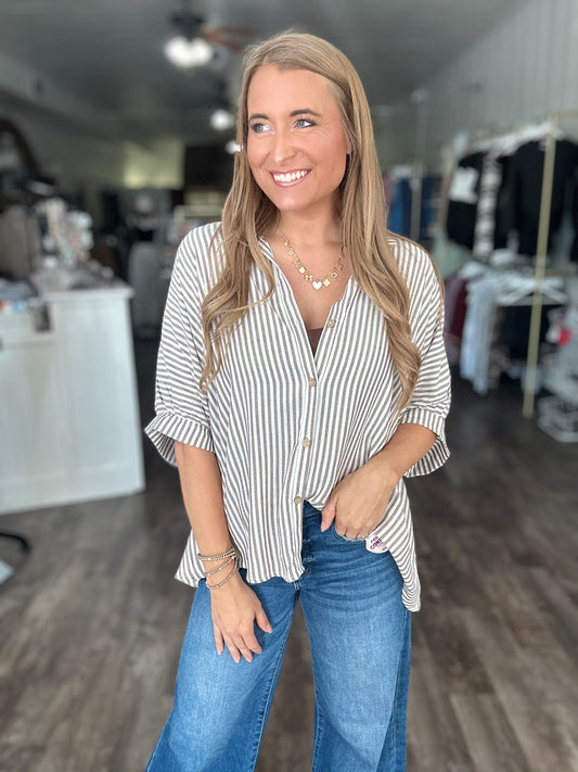 RESTOCK Just Friends Oversized Striped Button Down - Mocha