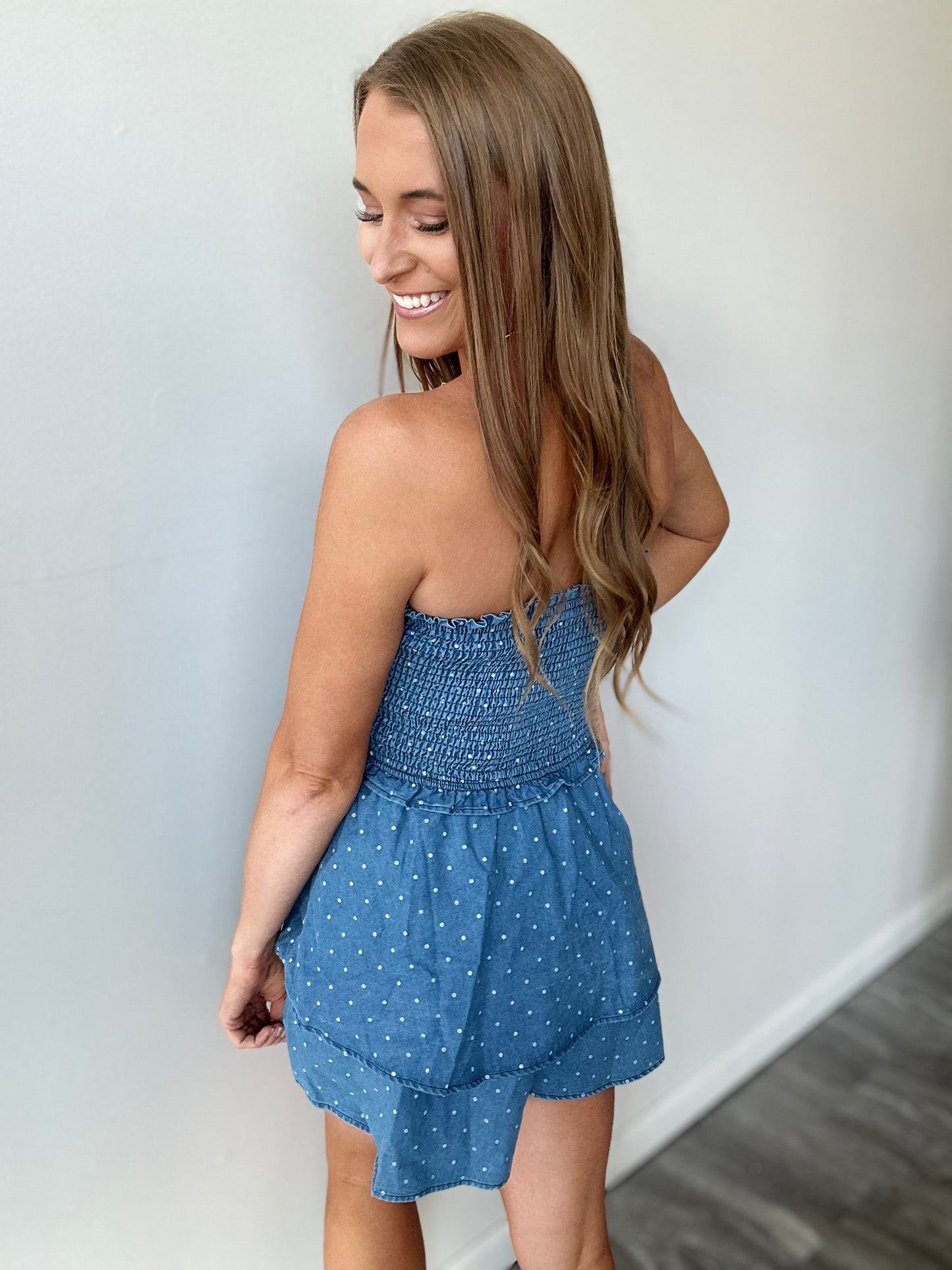 Call Me Crazy Denim Smocked Romper