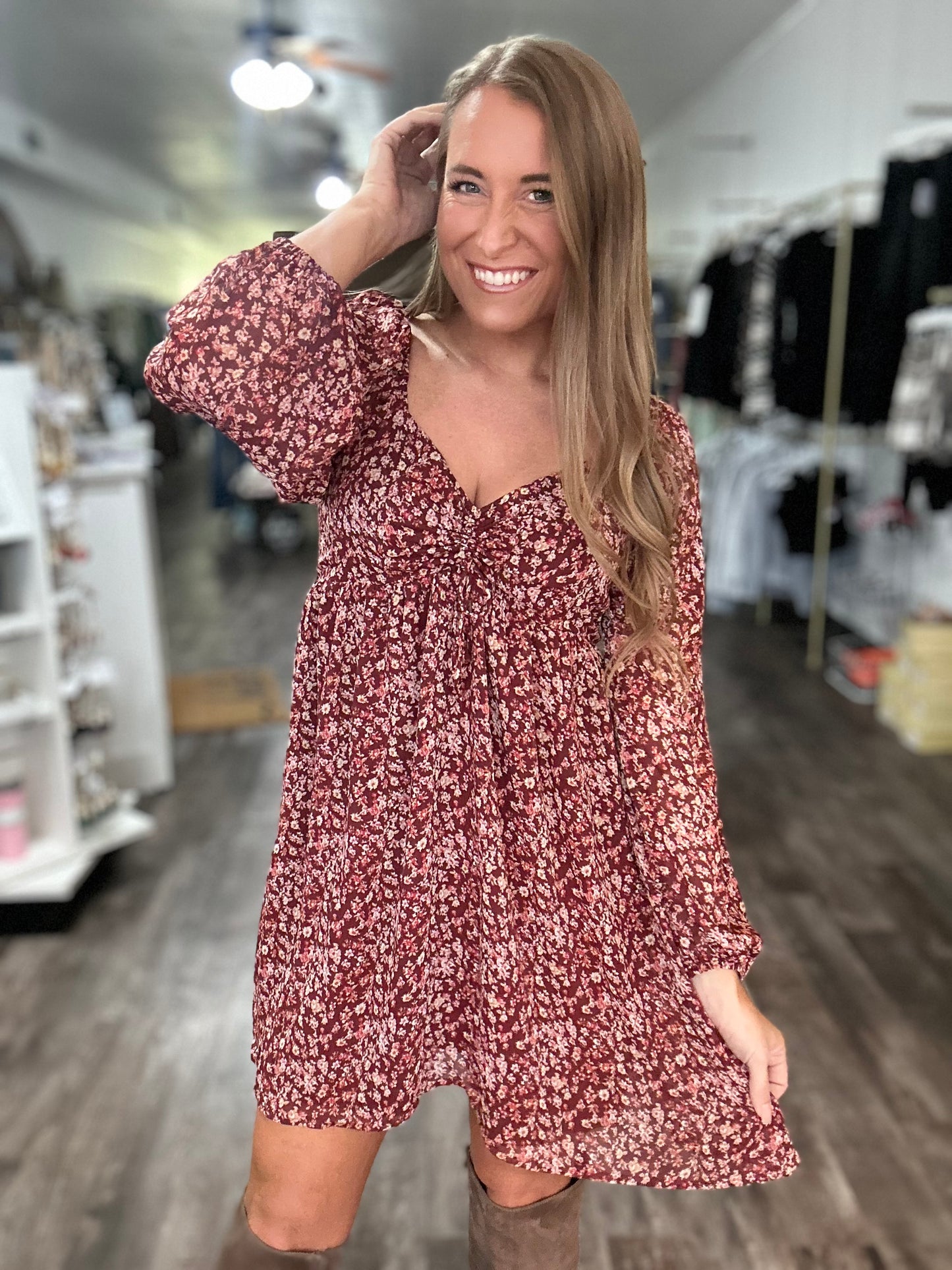 Twirl Me Around Floral Dress - Burgundy