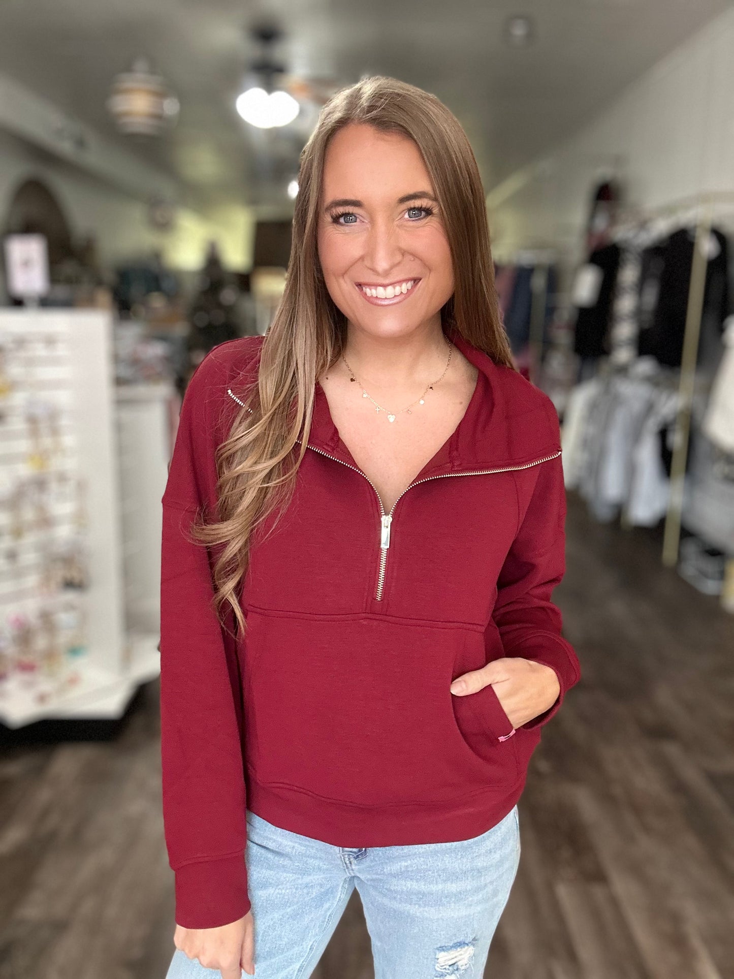 Camryn Half Zip (Burgundy) - Simply Southern