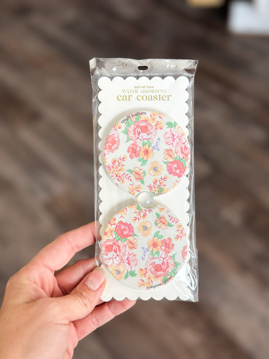 Pink Floral Stone Coaster Set