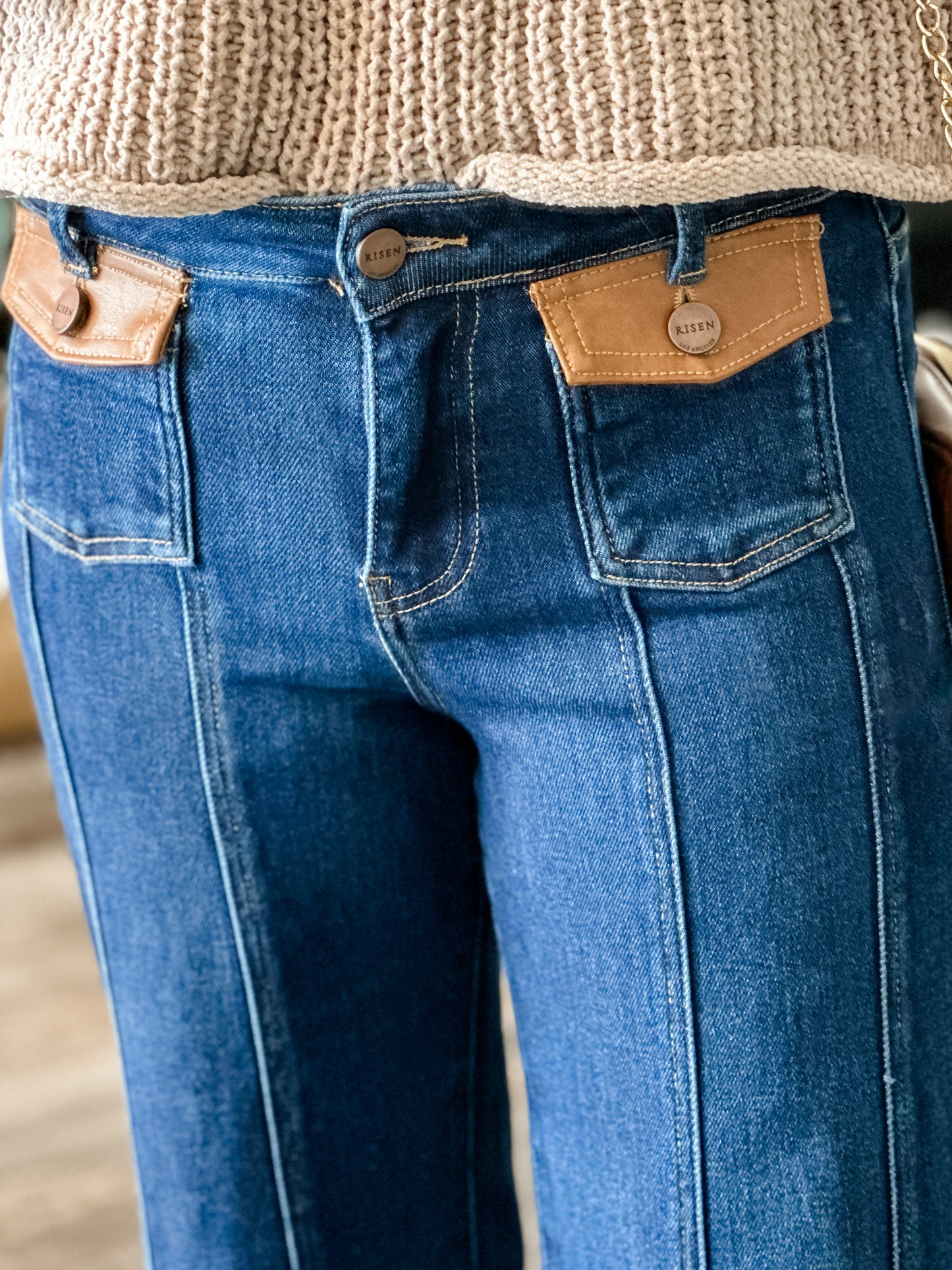 Dottie Leather Pocket Flare Denim