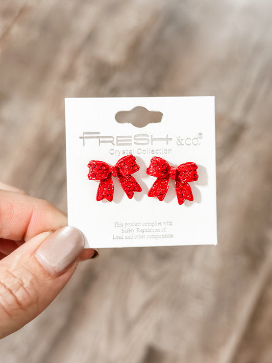 Rhinestone Bow Studs (Red)