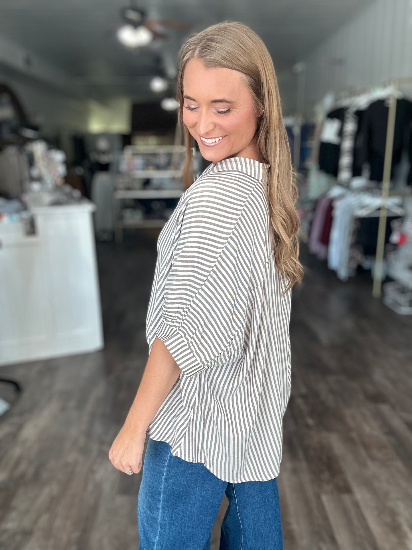 RESTOCK Just Friends Oversized Striped Button Down - Mocha