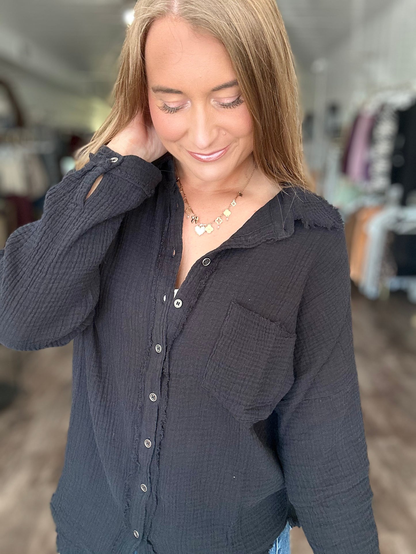 Out of Range Gauze Knit Button Down - Black