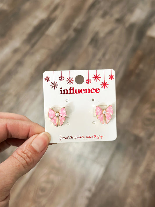 Pink/Snowflakes Bow Earrings
