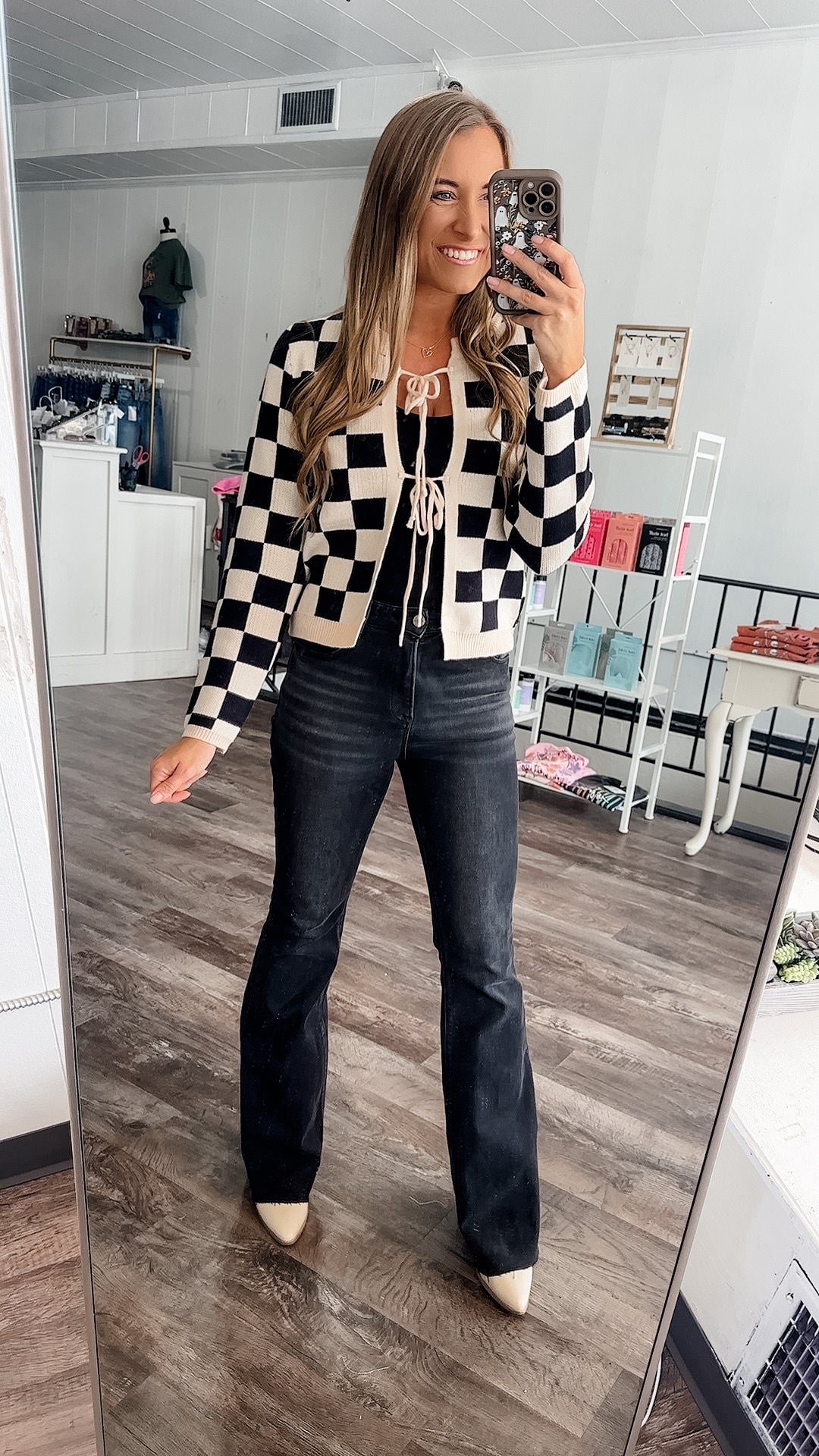 On Your Mark Checkered Front Tie Cardigan
