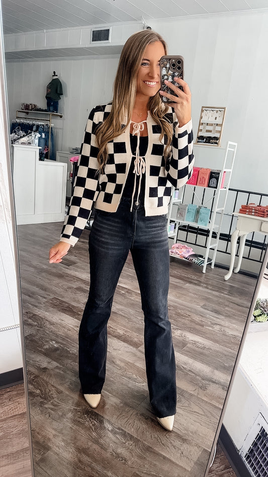 On Your Mark Checkered Front Tie Cardigan