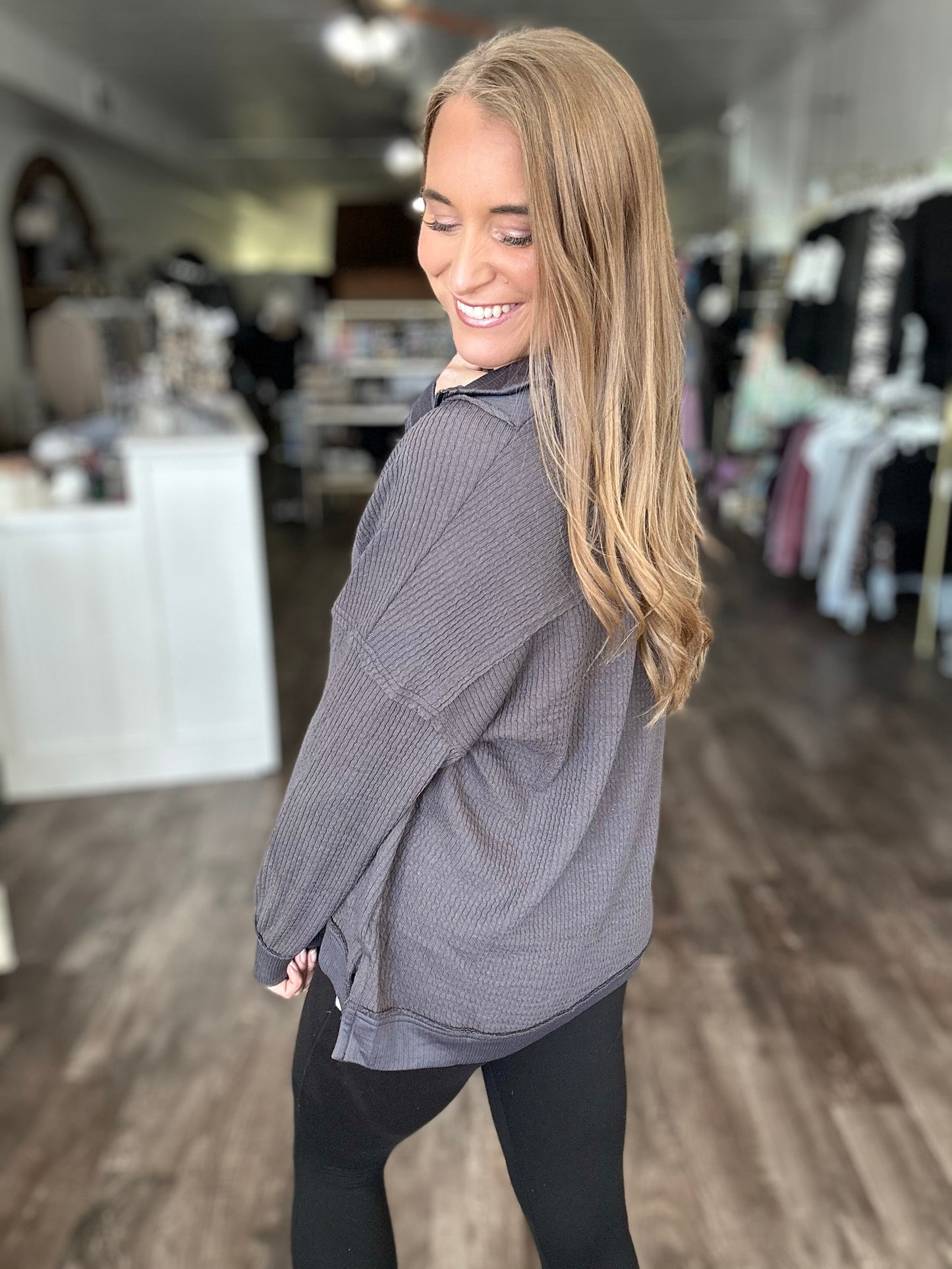 On My Own Time Waffle Knit Top - Charcoal