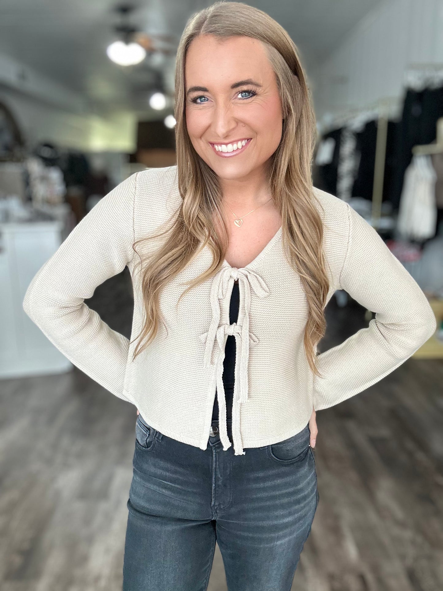 Cool Breeze Tie Front Sweater - Cream