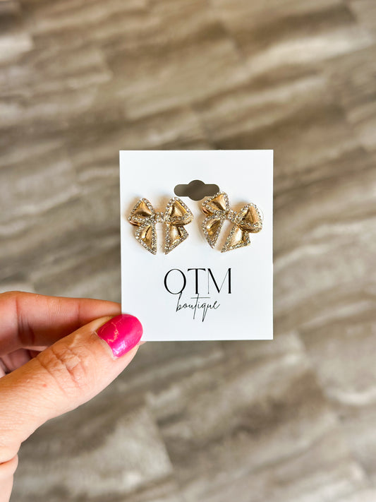 Gold Bow Rhinestone Studs