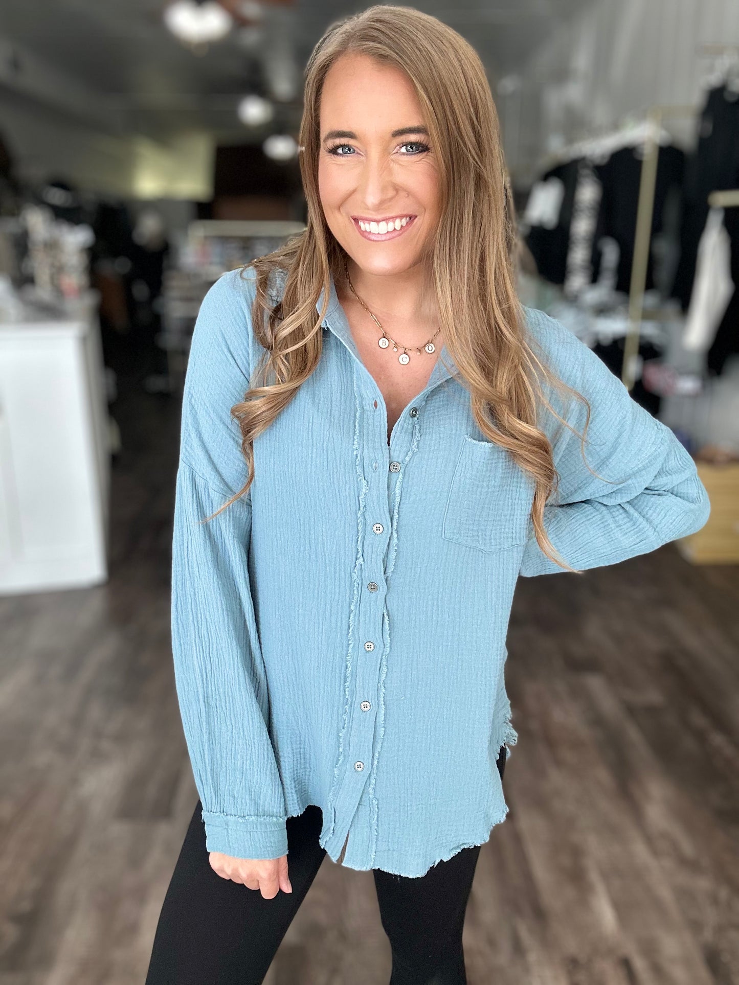 Out of Range Gauze Knit Button Down - Blue Grey