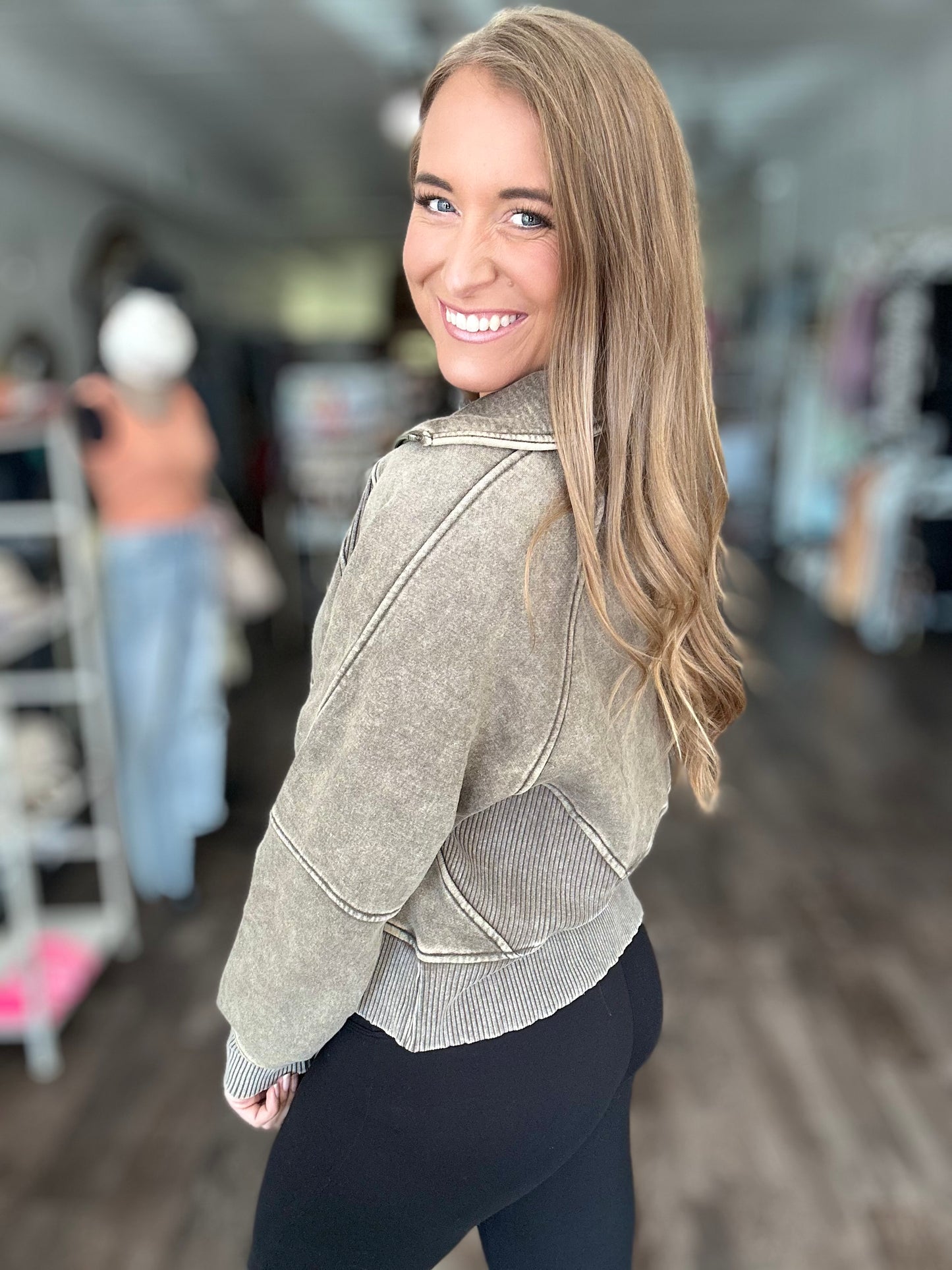 Dreaming of Fall Acid Wash Quarter Zip - Olive