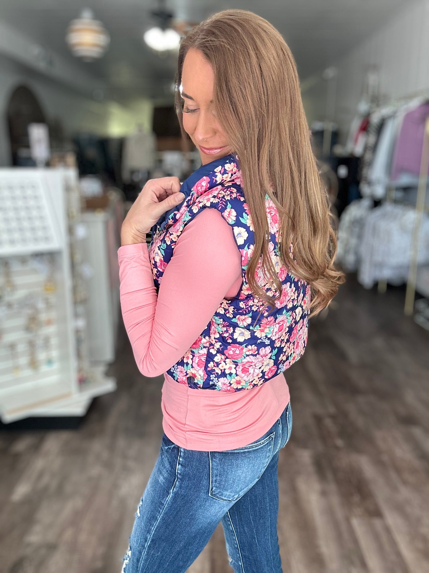 Scarlett Navy/Pink Floral Puffer Vest - Simply Southern