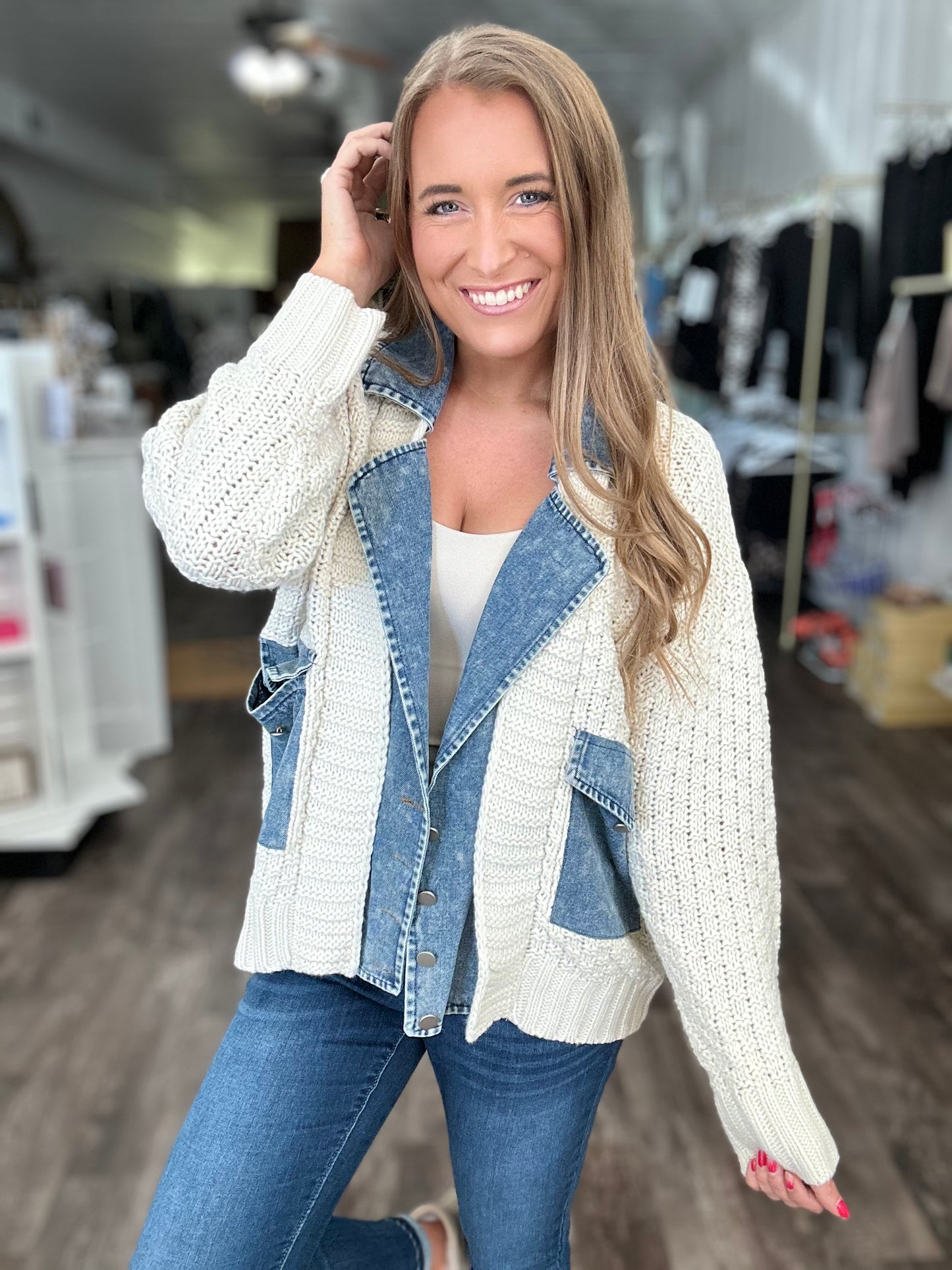 Running In Circles Mixed Sweater/Denim Cardigan