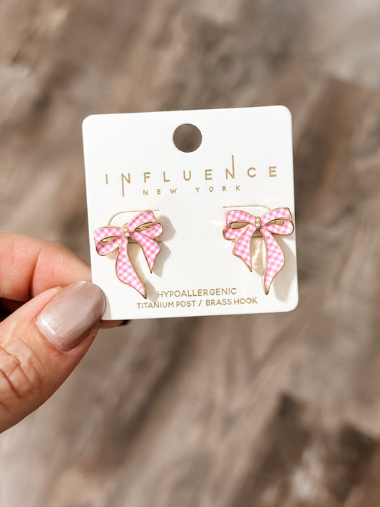 Gingham Bow Stud Earrings (Pink)