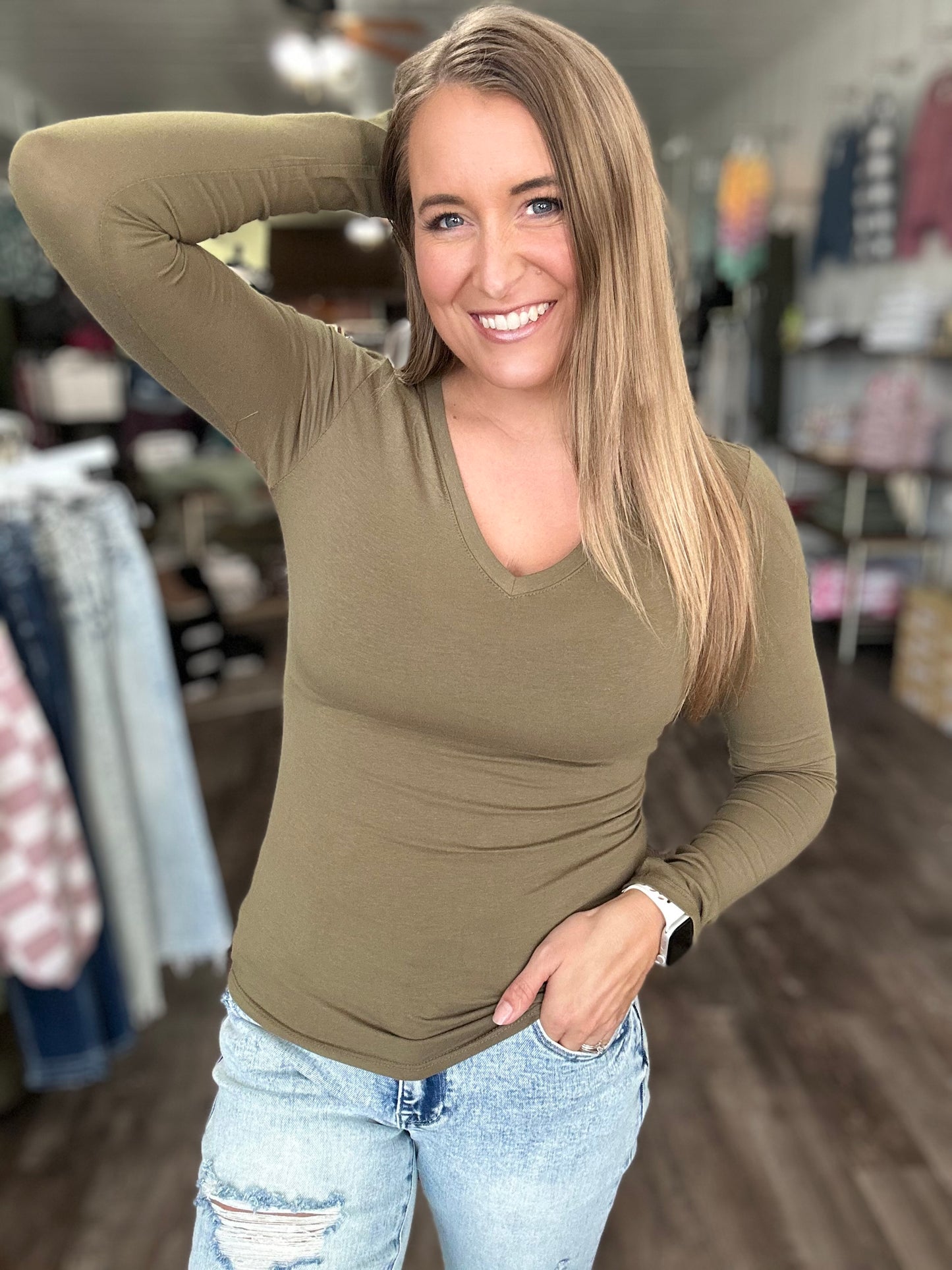Everyday Basic V-Neck Top - Olive