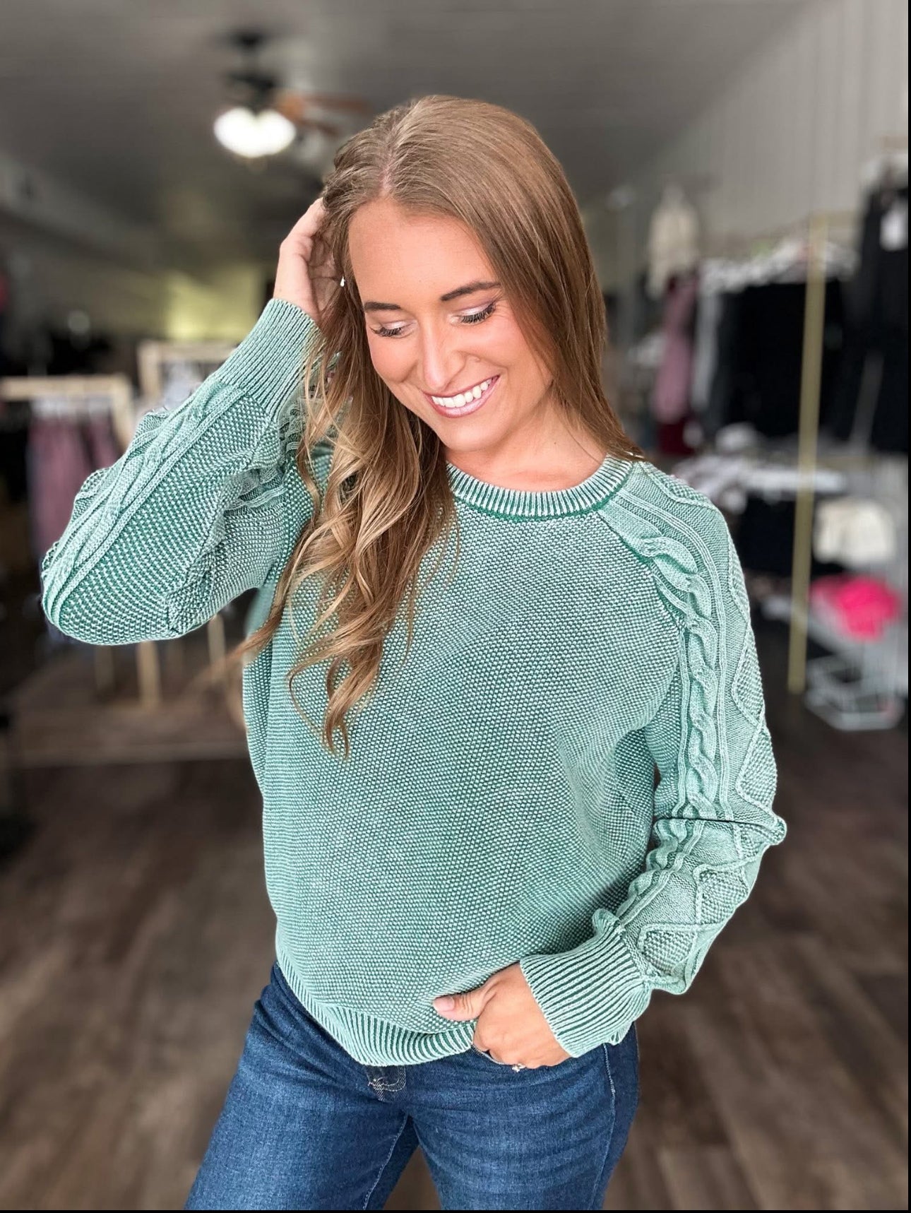 Talk of the Town Cable Sleeve Sweater - Hunter