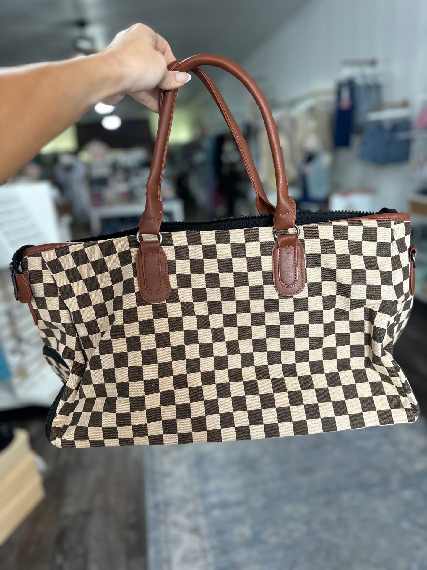 Gabby Checkered Weekender Duffle (Brown)