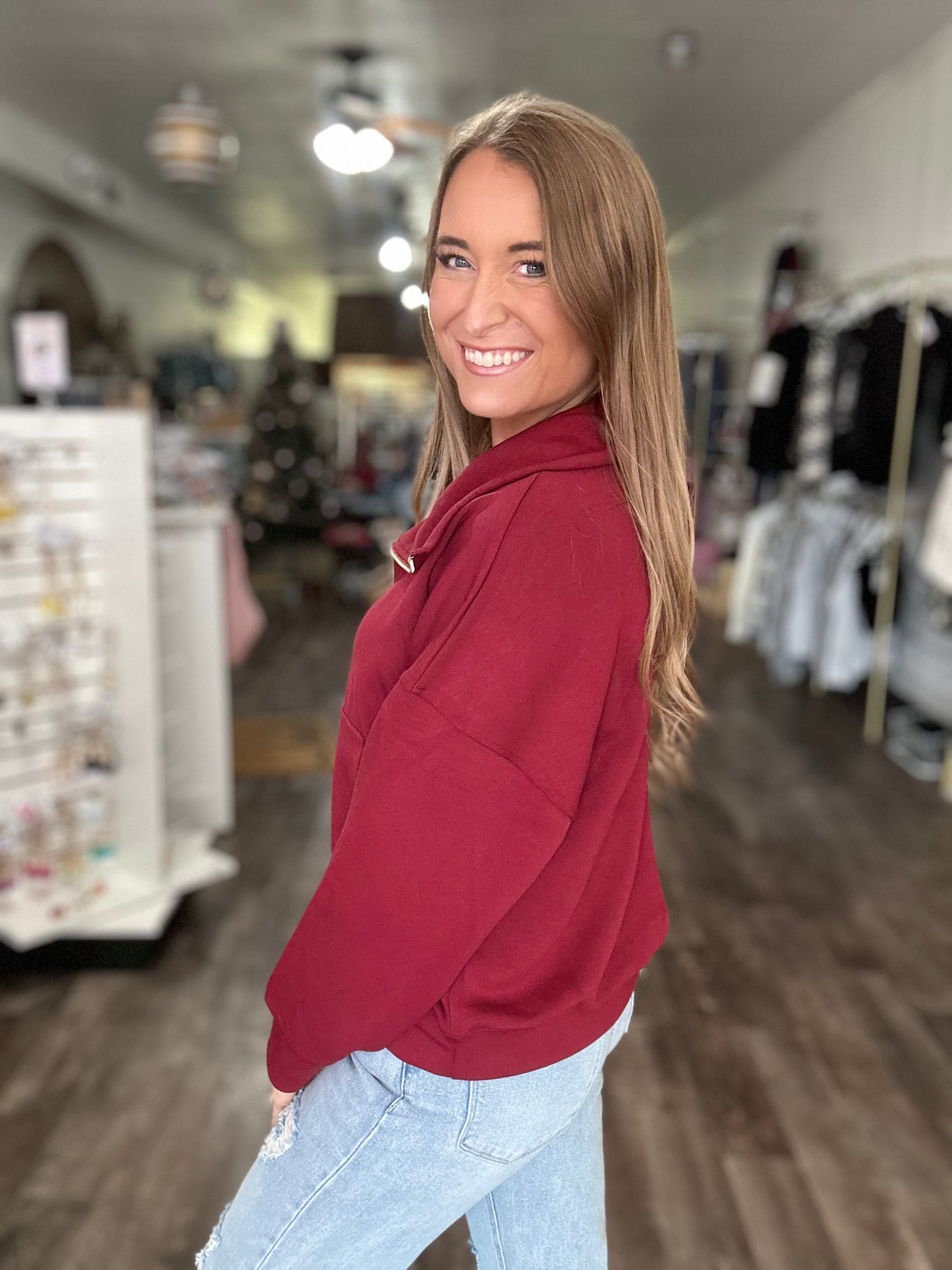 Camryn Half Zip (Burgundy) - Simply Southern