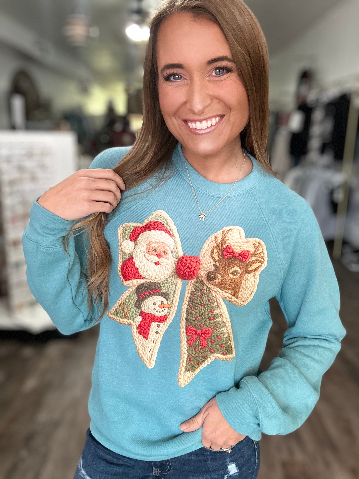Holiday Bow Faux Yarn Crewneck