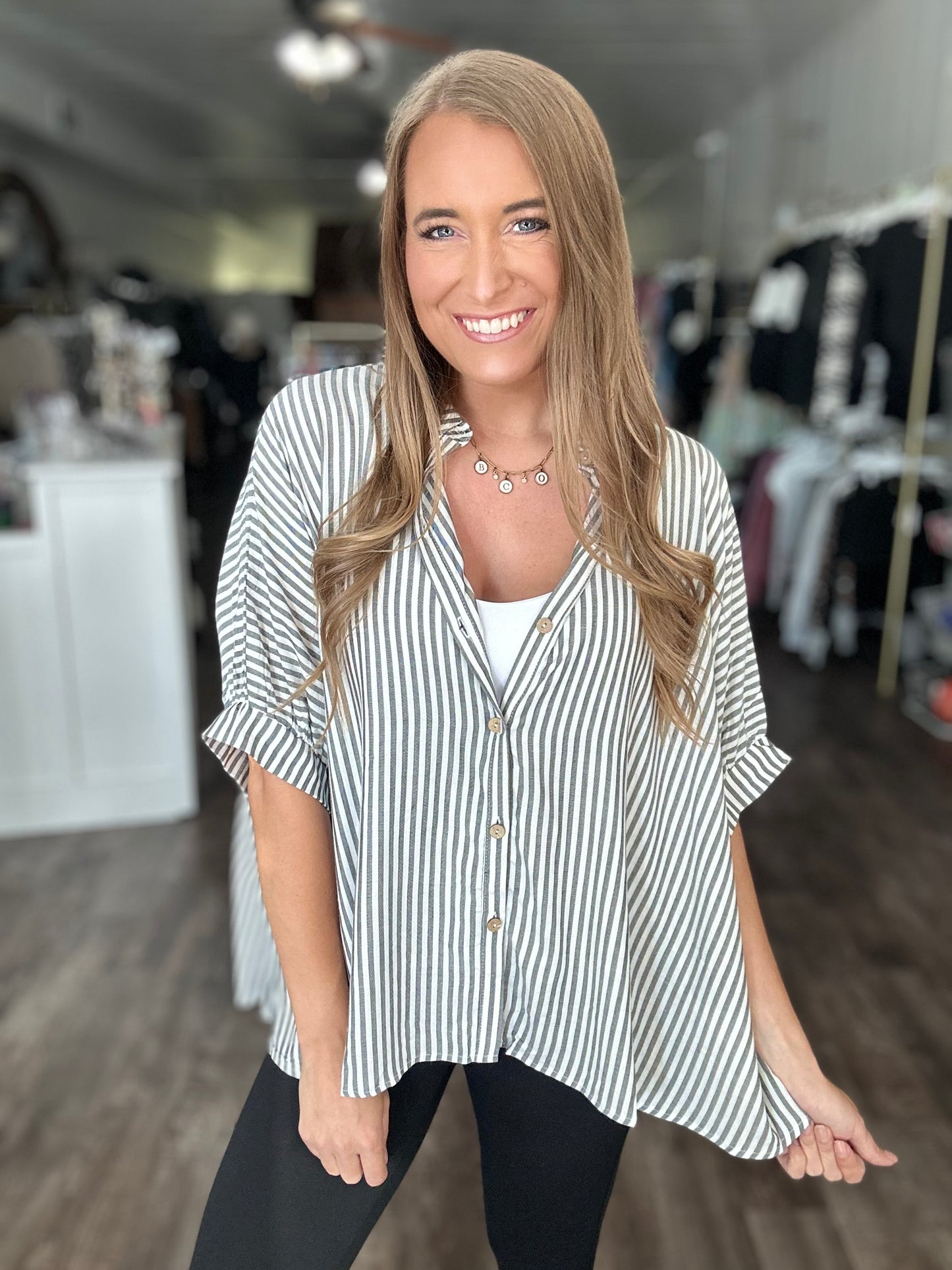 Just Friends Oversized Striped Button Down - Charcoal Black