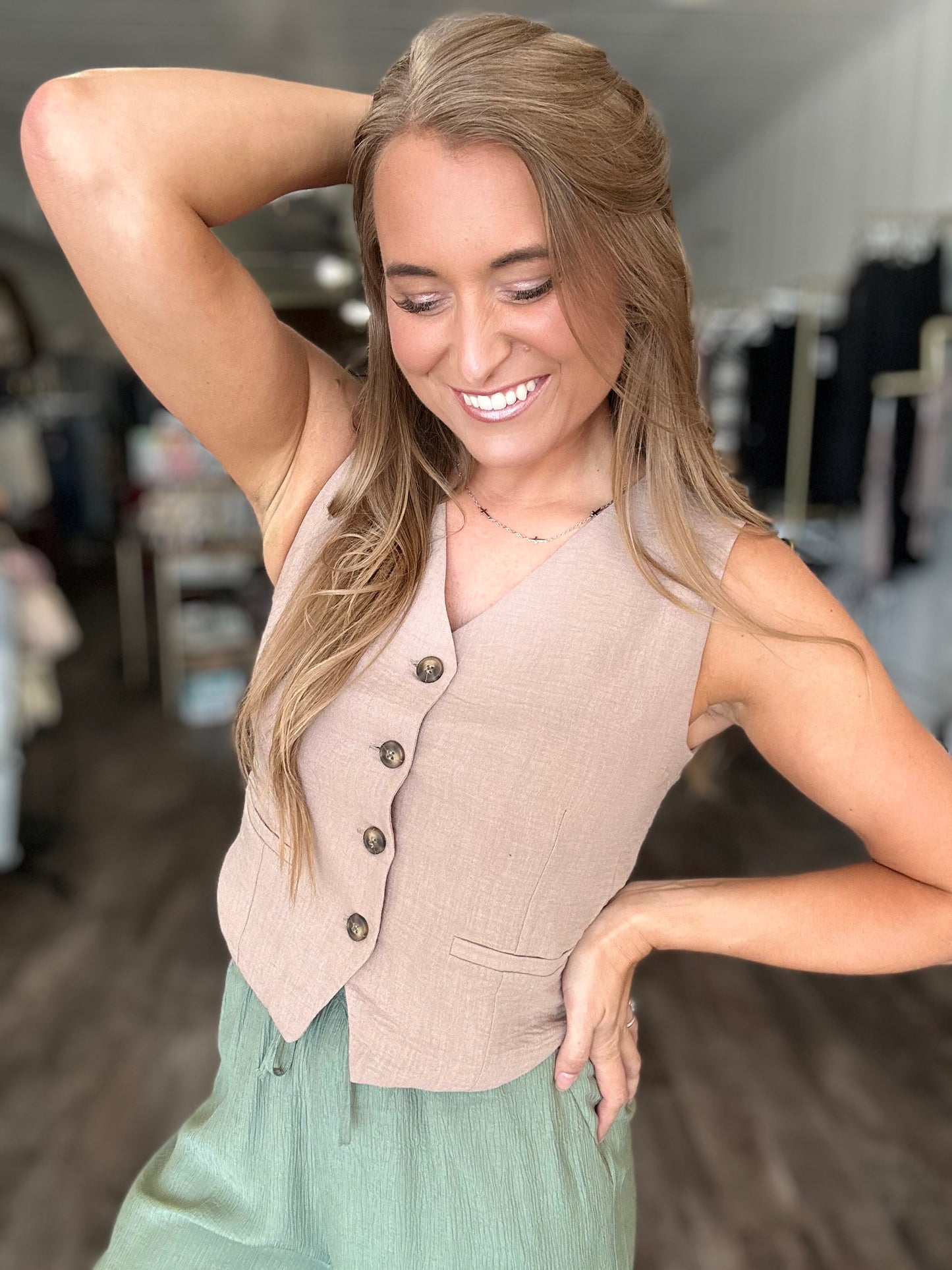 Timeless Button Down Linen Vest - Khaki