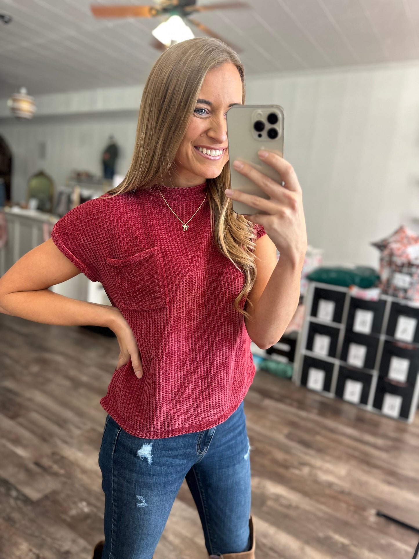 Socially Sweet Chenille Sweater Top (Cabernet)