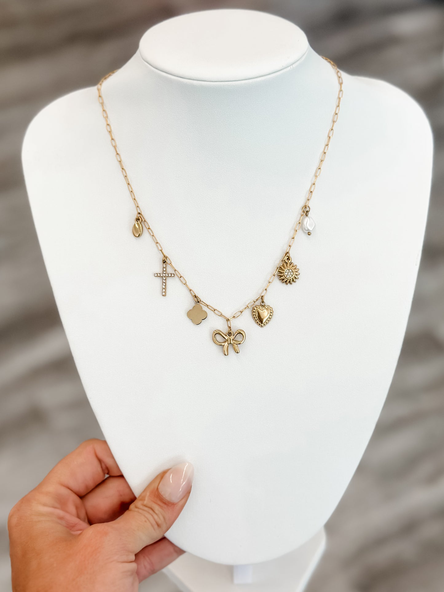 Bow & Cross Charm Necklace (Gold)